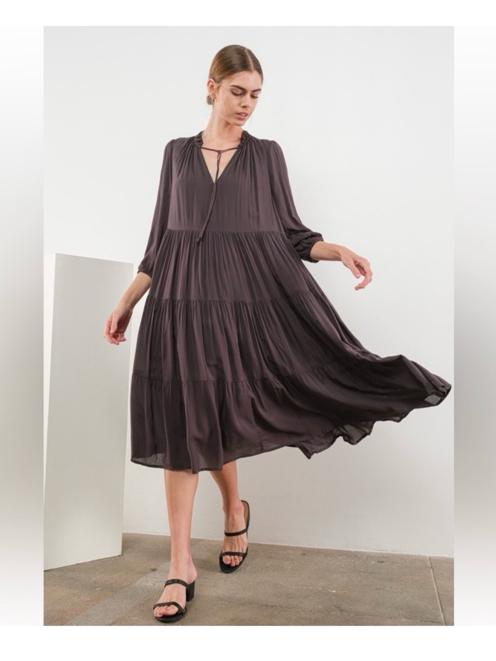 807 • 100% Rayon Charcoal Ruffle Neck Tiered Midi Dress